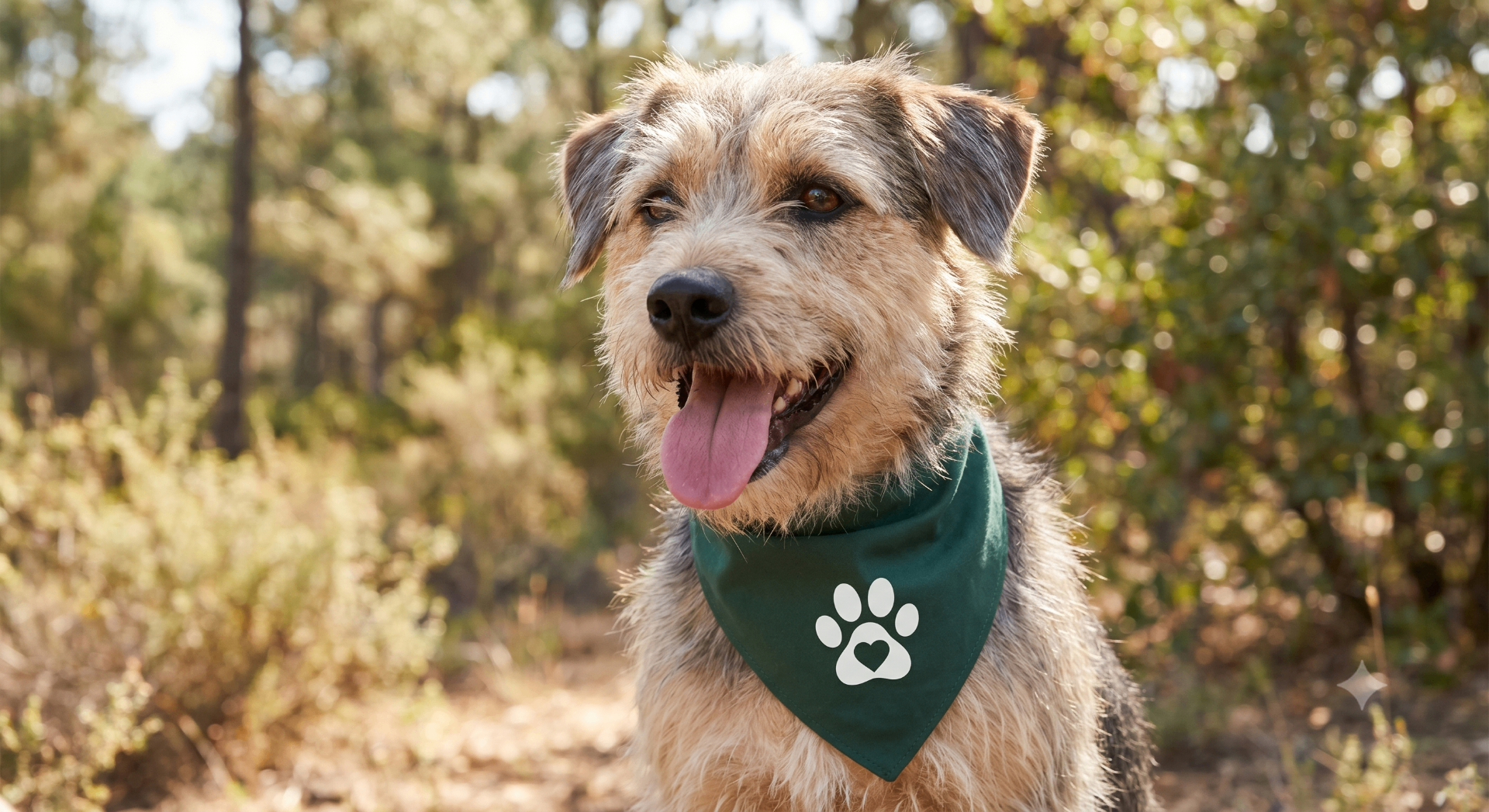 Happy rescue terrier in a green bandana with a paw and heart motif